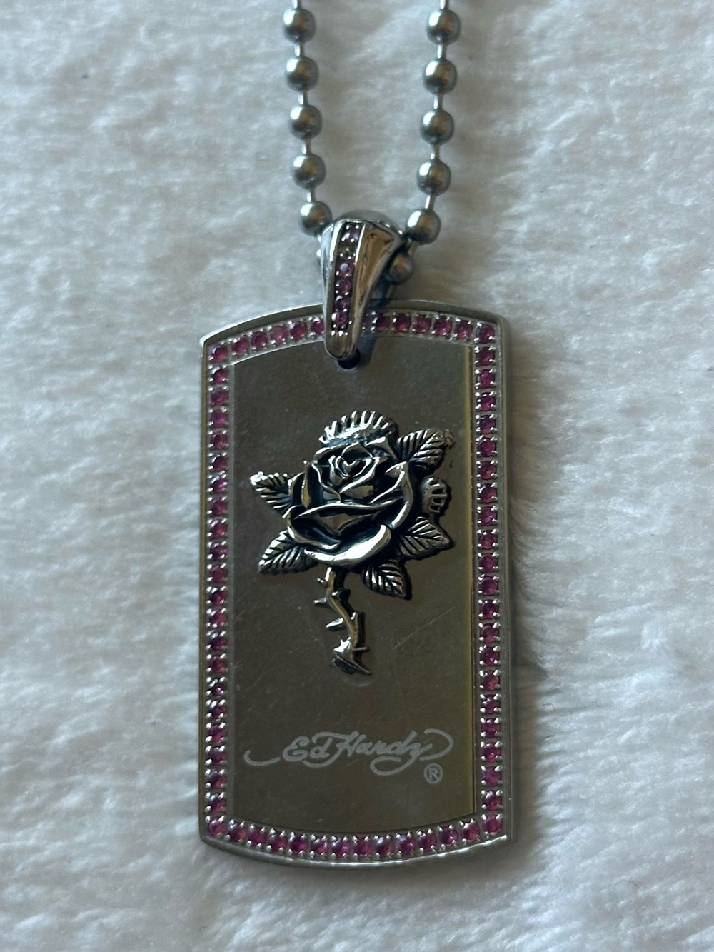 Ed Hardy Silver Dog Tag Necklace with Crystal Border